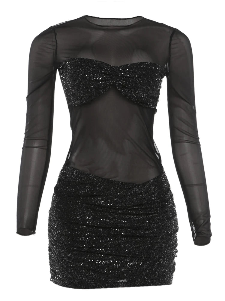 Sequin Patchwork Mesh Long Sleeve Mini Dress