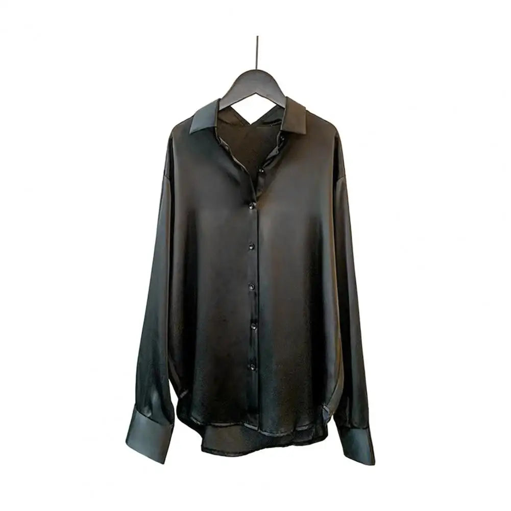 Women Smooth Satin Shirts Lapel Long Sleeve Shirt Single Breasted Tops Solid Color Loose Fit Casual Shirt