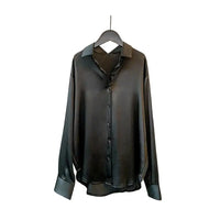 Women Smooth Satin Shirts Lapel Long Sleeve Shirt Single Breasted Tops Solid Color Loose Fit Casual Shirt