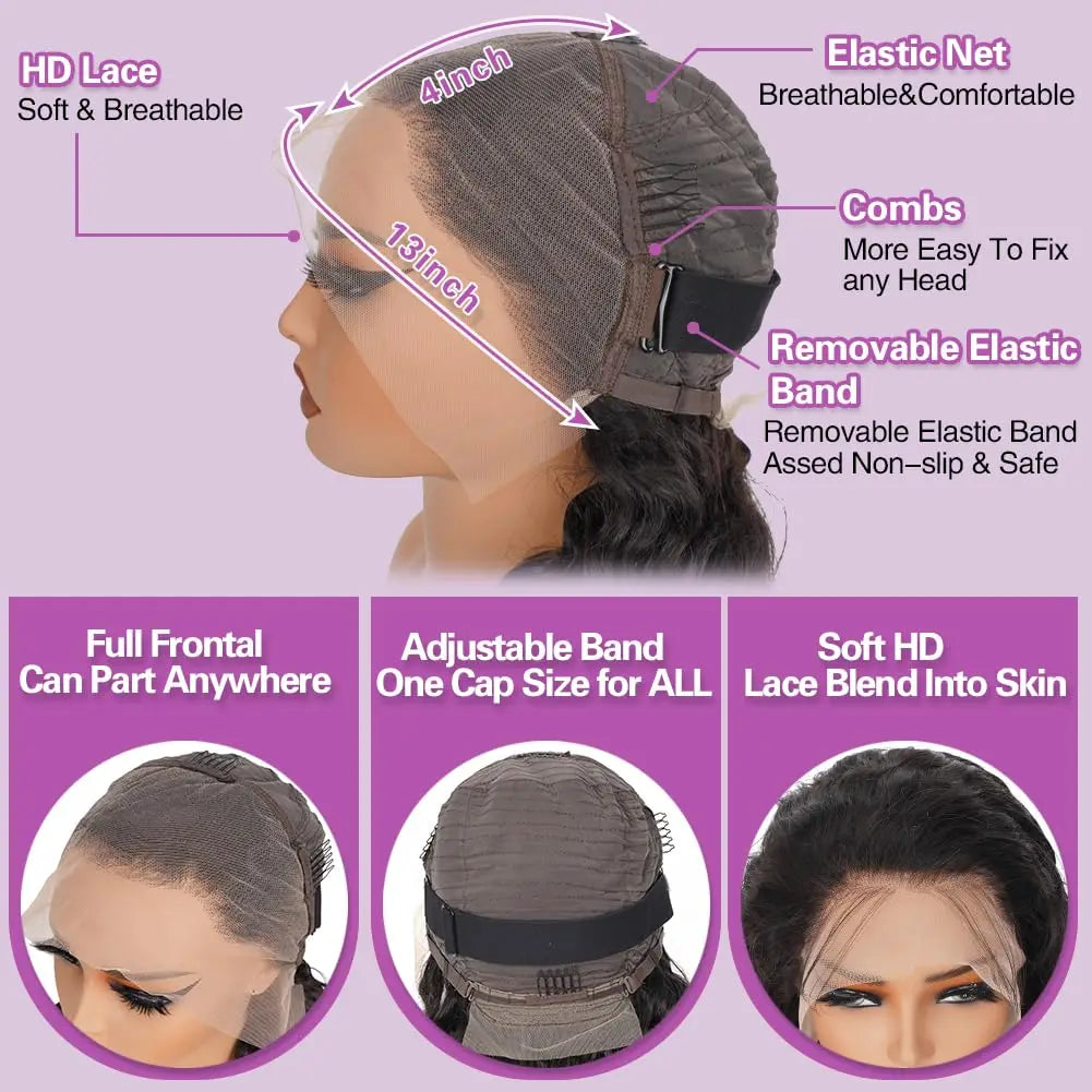 Natural Black Body Wave 360 HD Lace Wig – 13x4 & 13x6 | 200% & 250% Density