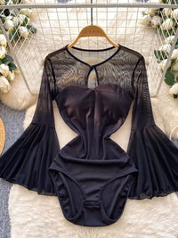 Mesh Flare Sleeve Hollow-Out Bodysuit