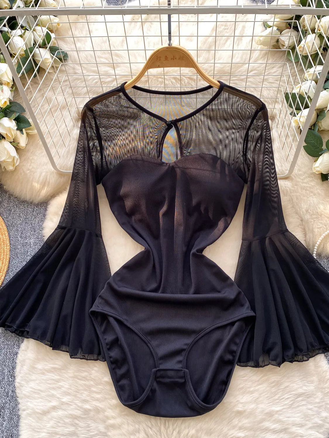 Mesh Flare Sleeve Hollow-Out Bodysuit