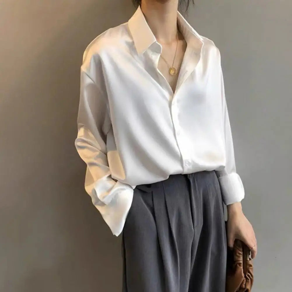 Women Smooth Satin Shirts Lapel Long Sleeve Shirt Single Breasted Tops Solid Color Loose Fit Casual Shirt