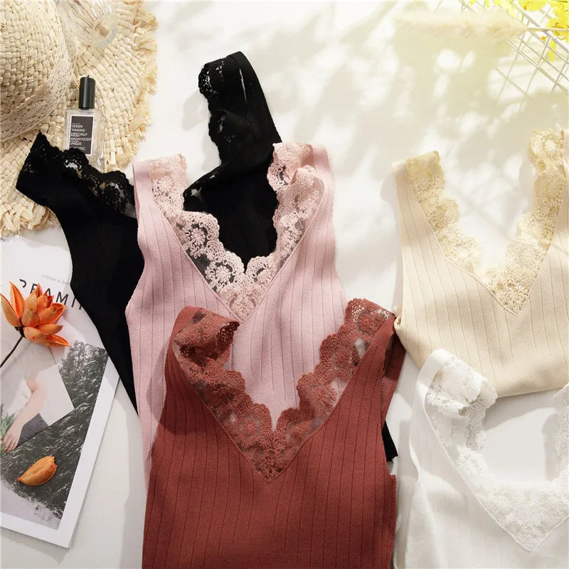 2025 Sexy Basic Lace Camisole Summer Knit Tank Top Women V Neck Camisole Female Camis High Elasticity Top Casual Tank Tops
