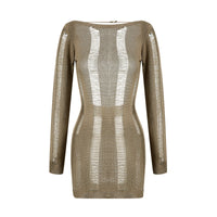 Sexy Knitted Cutout Short Dress 2022 Spring Summer Backless Long Sleeve round Neck Wrapped Mini Dresses Streetwear Solid