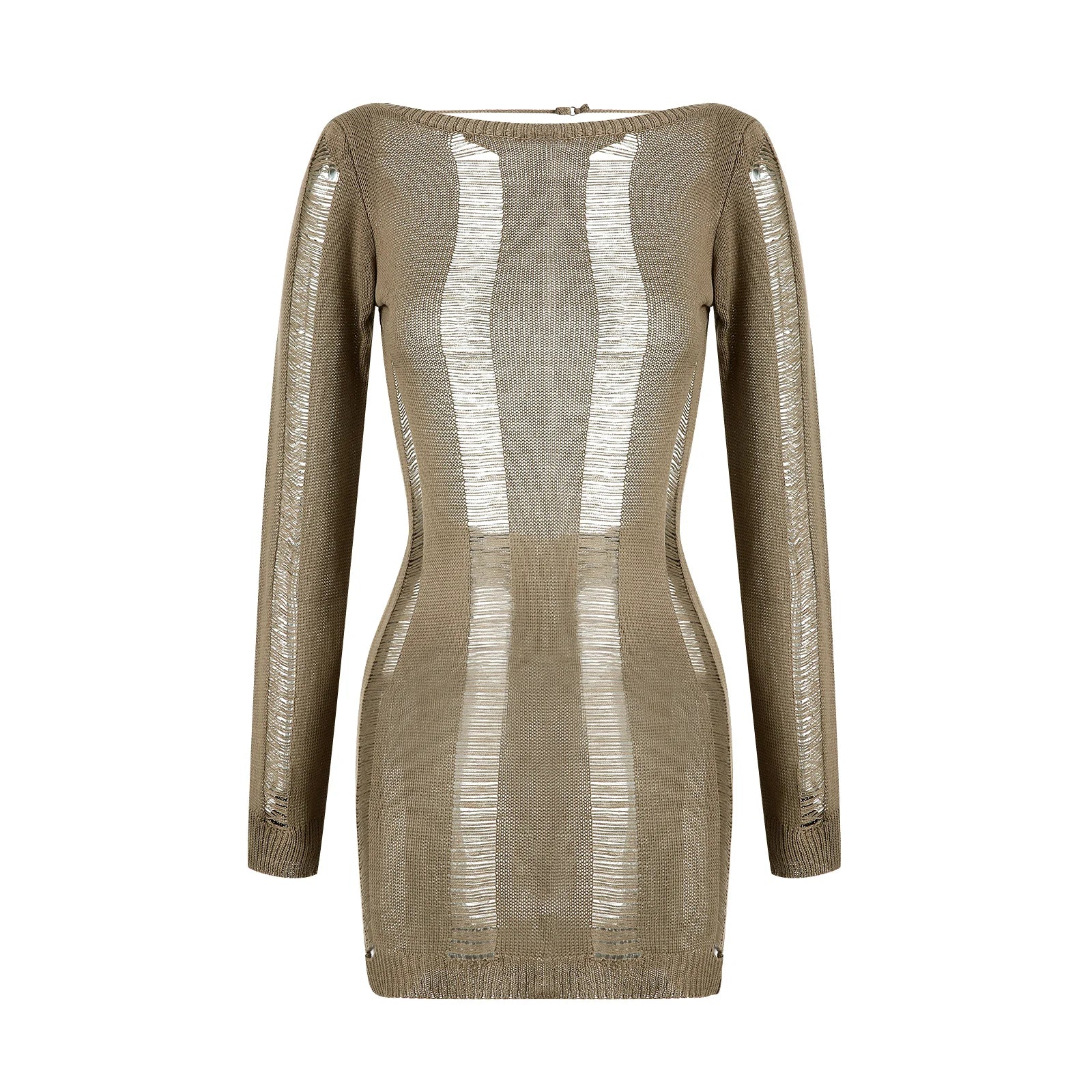 Sexy Knitted Cutout Short Dress 2022 Spring Summer Backless Long Sleeve round Neck Wrapped Mini Dresses Streetwear Solid