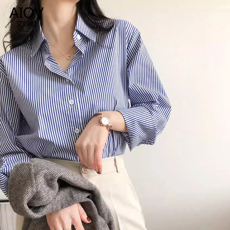 Striped Lantern Sleeve Stand Collar Blouse