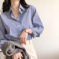 Striped Lantern Sleeve Stand Collar Blouse