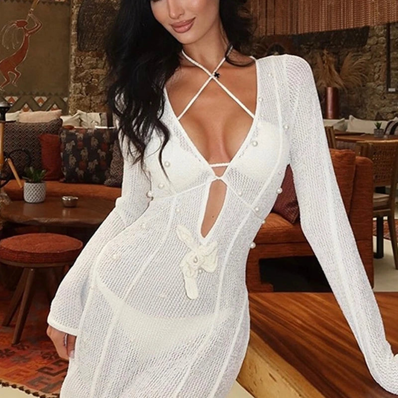 Long Sleeve Deep V Crochet High Slit Maxi Dress