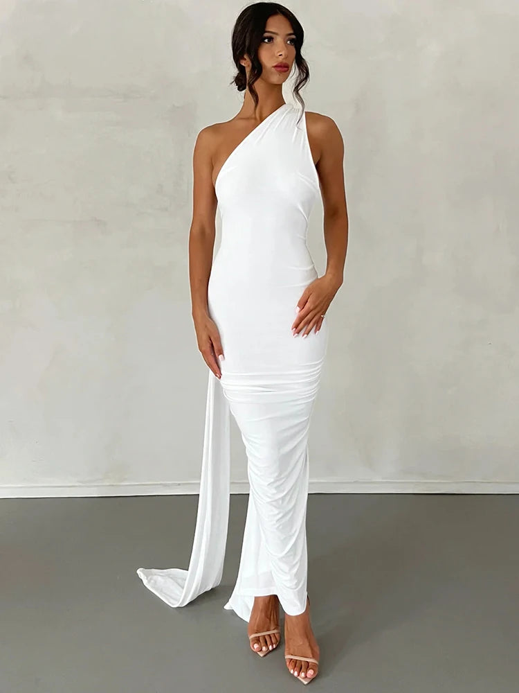 One-Shoulder Backless Ruched Maxi Dress