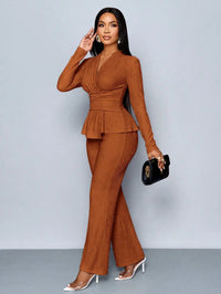 V-Neck Peplum Top & Wide Leg Pants Set – Beige