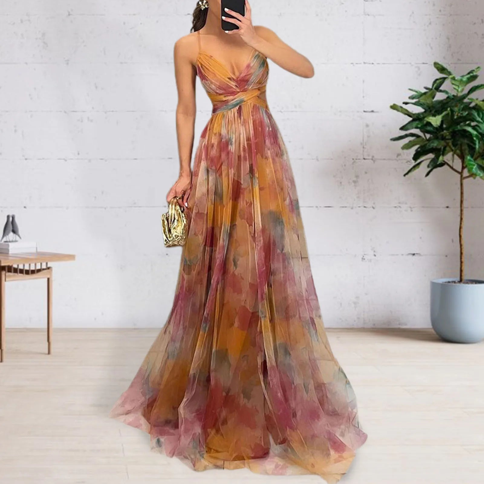 Elegant Formal Party Dress Elegant One Shoulder Tie-Dye Ball Gown with Mesh Bubble Sleeves Split Hem Women'S Evening Dress