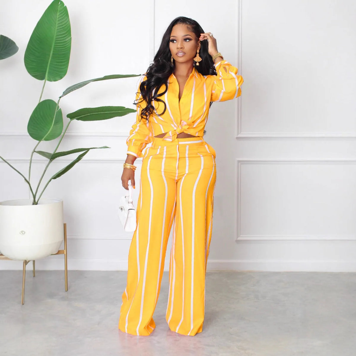 Striped Print Long Sleeve Blouse & Pants Set