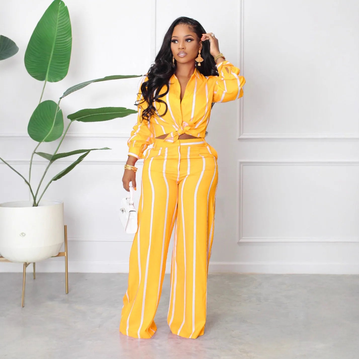 Striped Print Long Sleeve Blouse & Pants Set