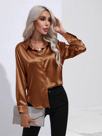 V-Neck Long Sleeve Satin Silk Blouse