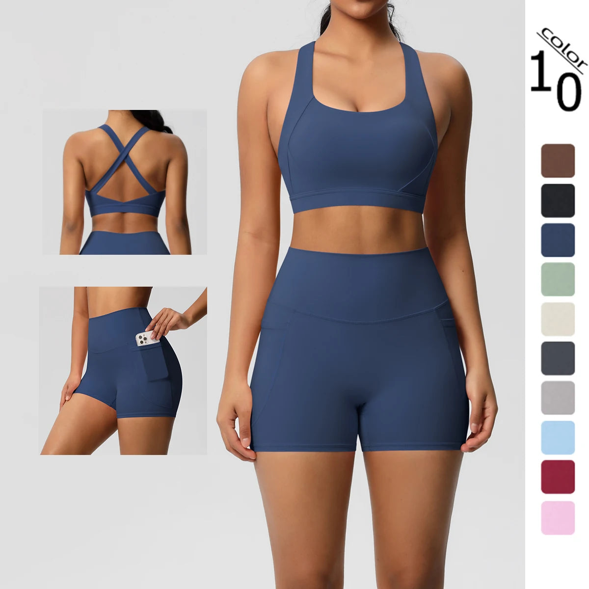 2-Piece Yoga Set – Crossover Bra & Shorts