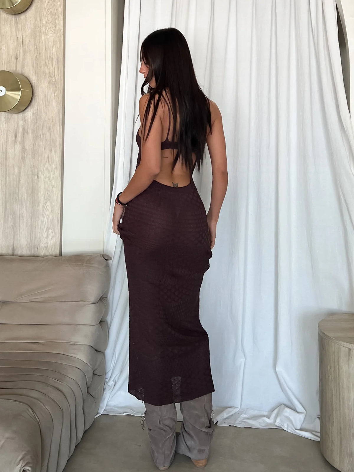 White Crochet Cutout Tie Backless Maxi Dress