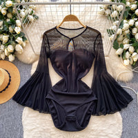 Mesh Flare Sleeve Hollow-Out Bodysuit