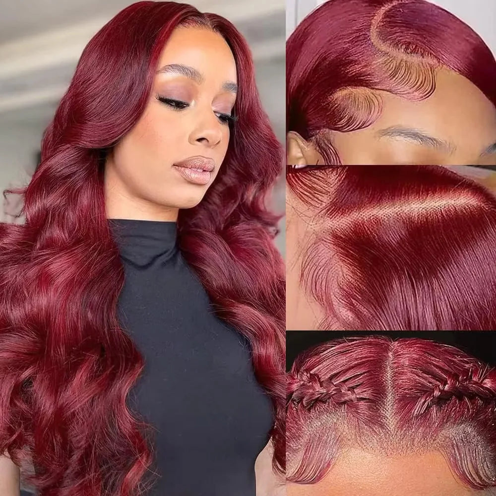 99J Burgundy Body Wave Human Hair Wig 36 Inch 13x6 HD Transparent Lace Front Wig 200 Density Pre Plucked Bleached Knots Glueless
