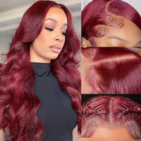 99J Burgundy Body Wave Human Hair Wig 36 Inch 13x6 HD Transparent Lace Front Wig 200 Density Pre Plucked Bleached Knots Glueless