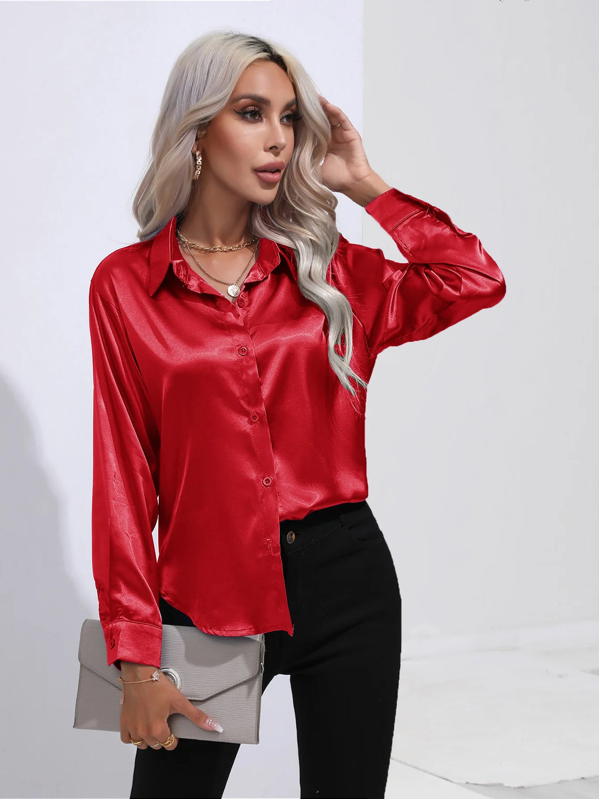 V-Neck Long Sleeve Satin Silk Blouse