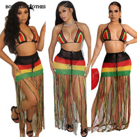Colorful Hand Crochet Lace-Up Bra & Tassel Maxi Skirt Set