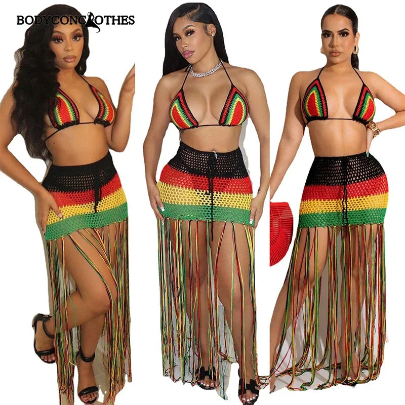 Colorful Hand Crochet Lace-Up Bra & Tassel Maxi Skirt Set