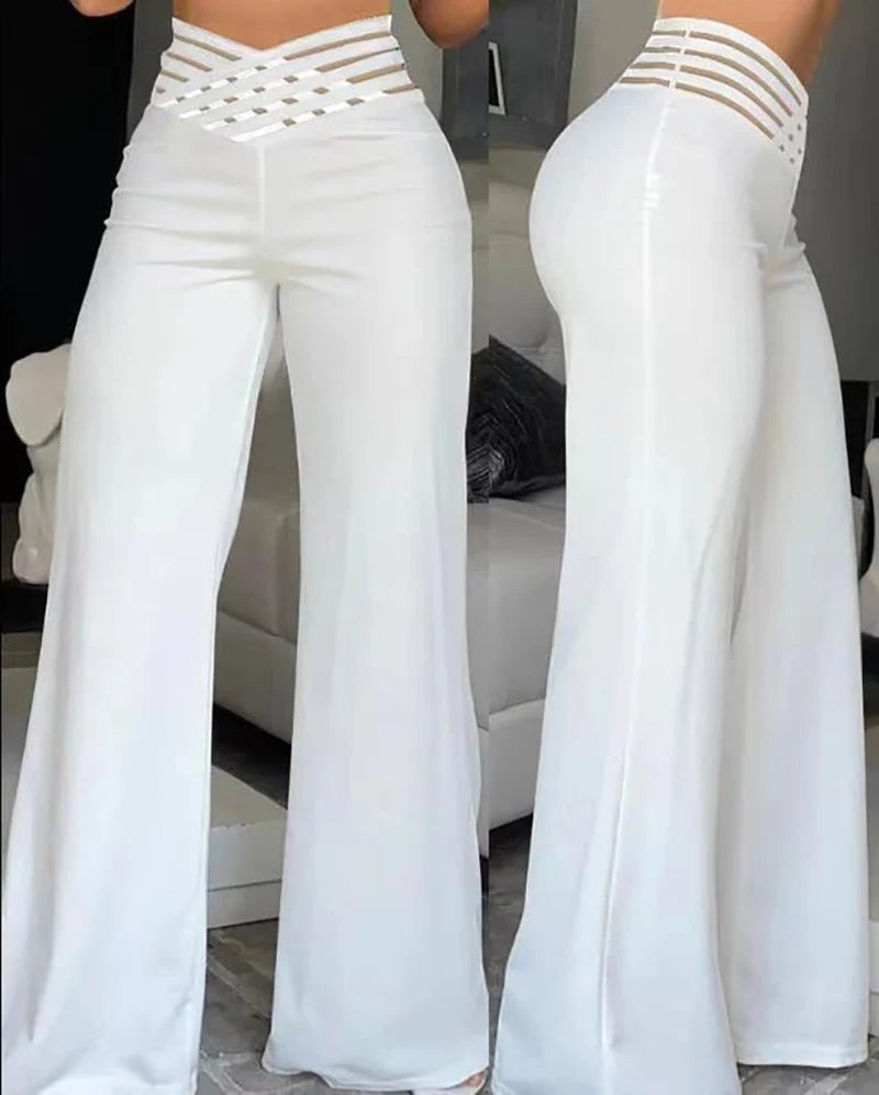 High Waist Mesh Patch Wide-Leg Trousers