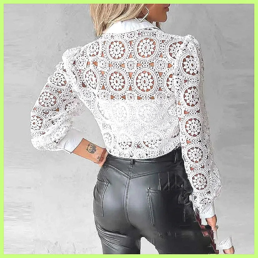 Hollow-Out Vintage Lace Long Sleeve Blouse – White