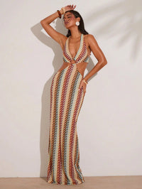 Crochet Halter Neck Cut-Out Maxi Dress with Colorful Striped Pattern for Beach Vacation