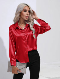 V-Neck Long Sleeve Satin Silk Blouse