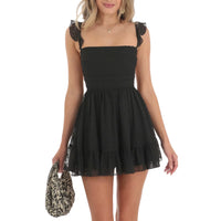 Elegant Women Summer Lace Floral Patchwork Corset Mini Dress Sleeveless Square Neck Tie-Up Short Tank A-Line Flowy Party Dress