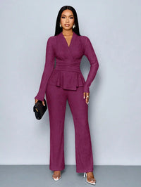 V-Neck Peplum Top & Wide Leg Pants Set – Beige