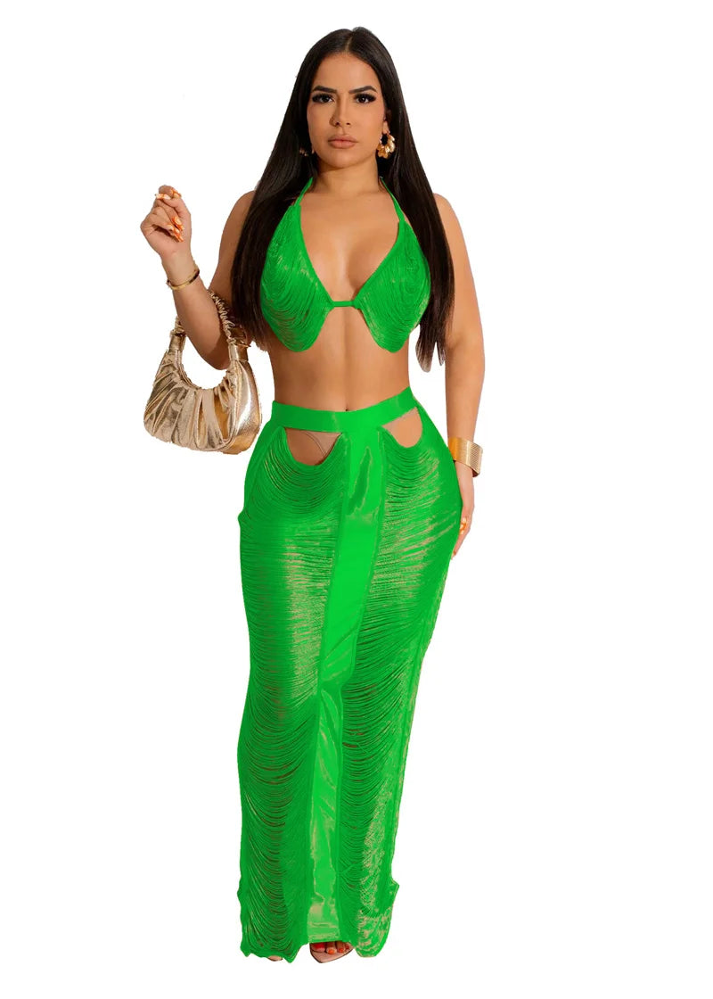 Crochet Tassel Bra Top & Maxi Skirt Set