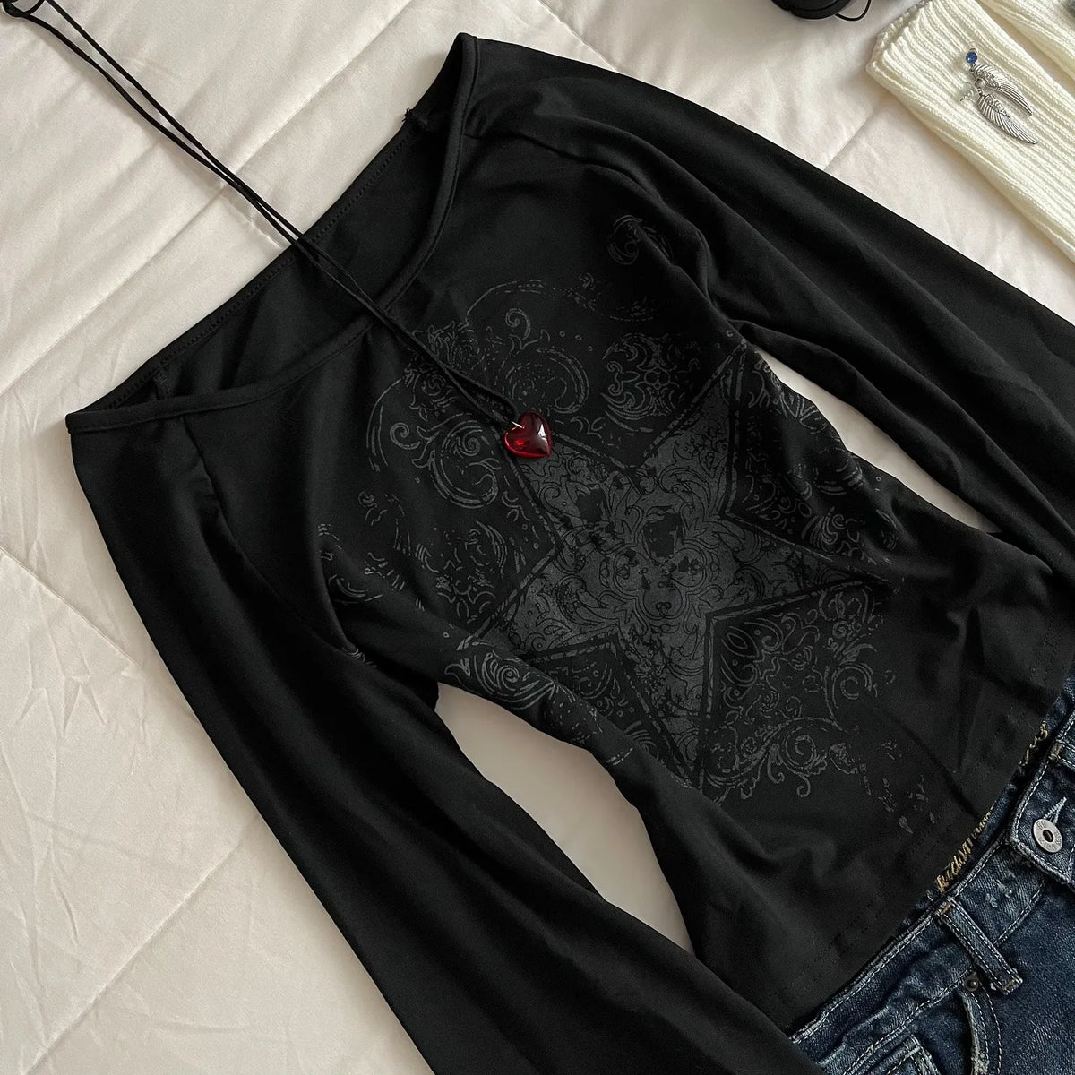 Y2K Gothic Print Long Sleeve Top