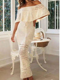 Cream Off-Shoulder Drawstring Waist Crochet Maxi Dress
