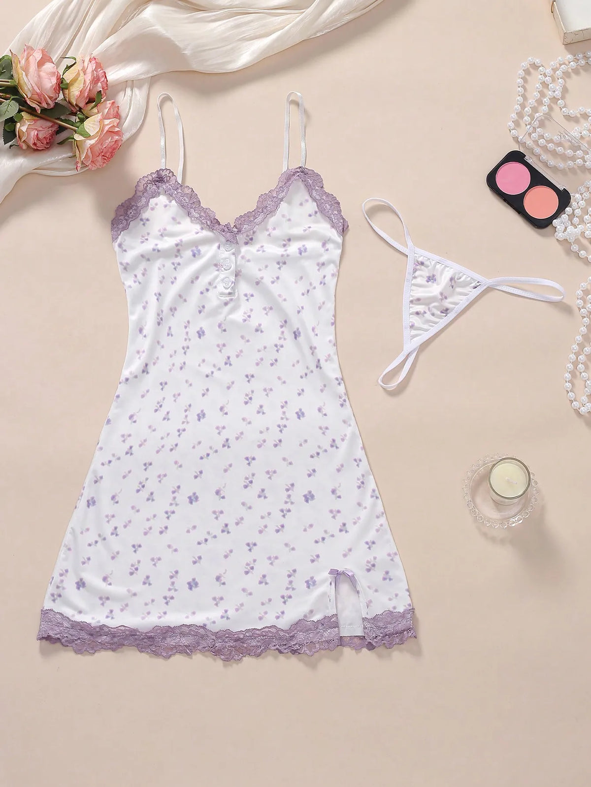 Floral Lace Trim Adjustable Strap Bodycon Nightgown Set