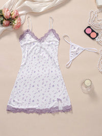 Floral Lace Trim Adjustable Strap Bodycon Nightgown Set