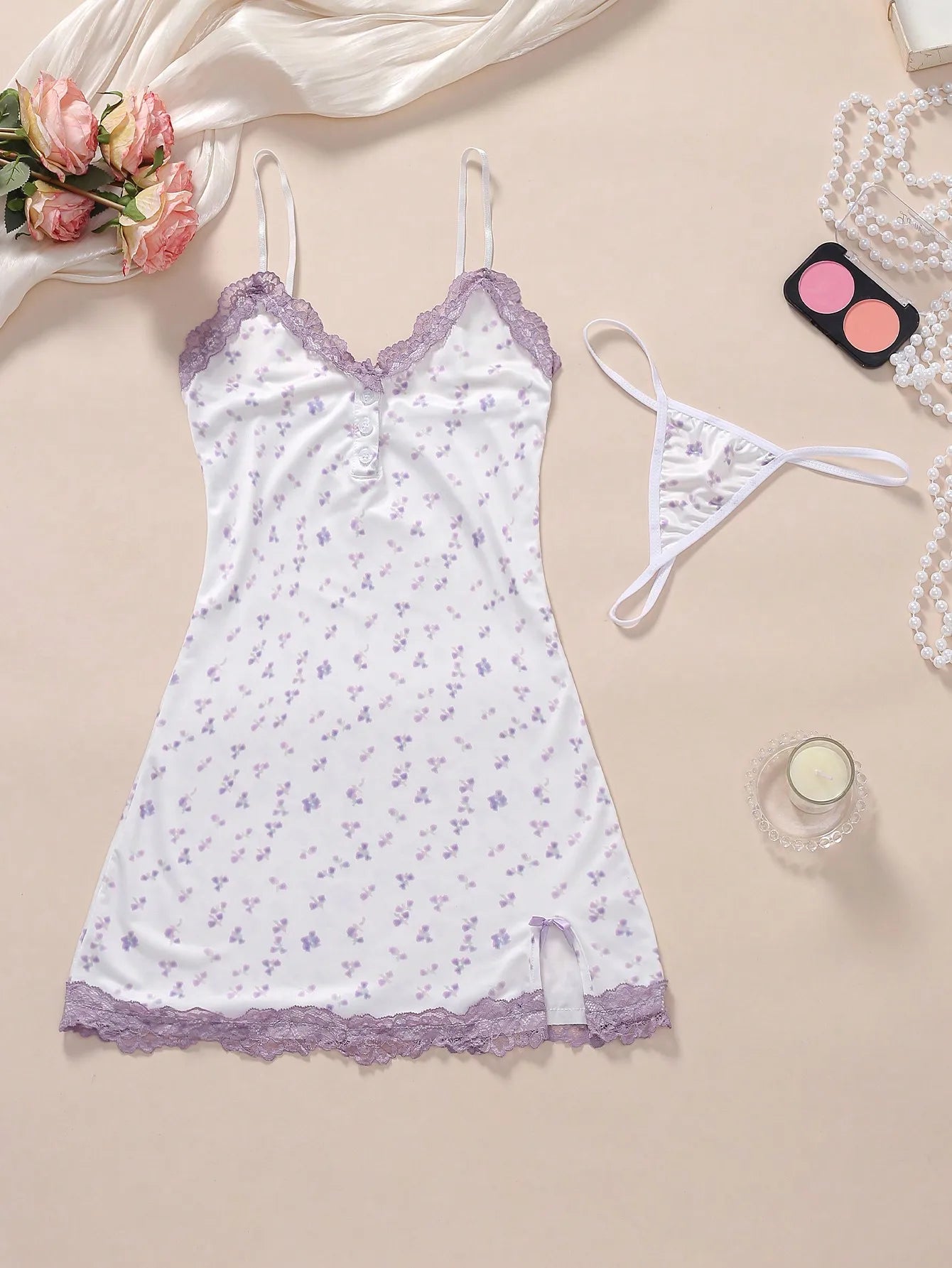 Floral Lace Trim Adjustable Strap Bodycon Nightgown Set