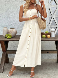 Smocked Button Front Tie Shoulder Midi Dress