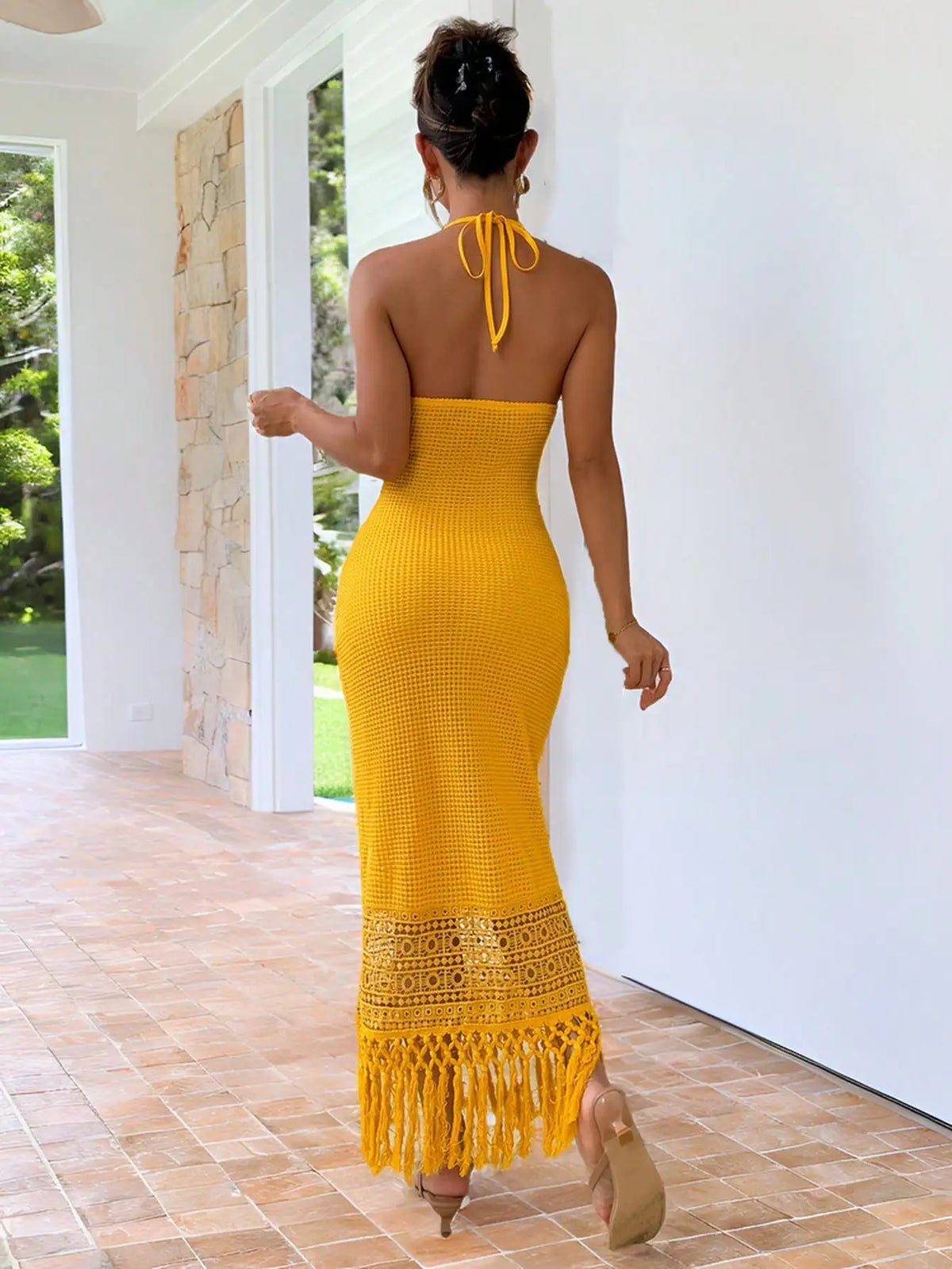 Yellow Crochet Halter Maxi Dress with Fringe Hem