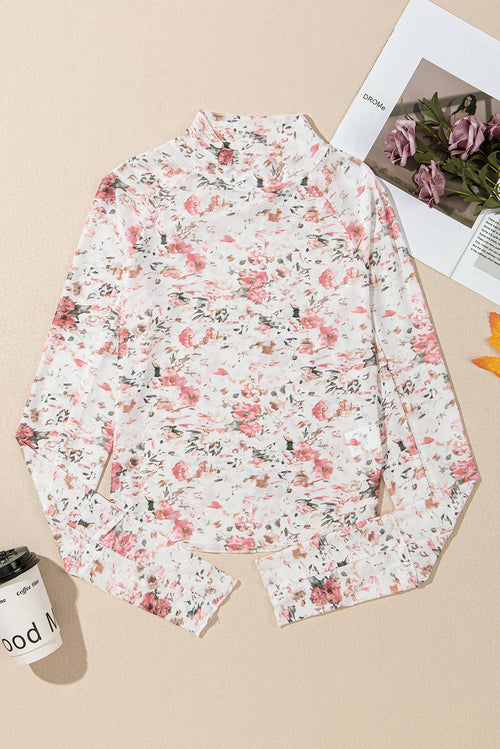 Floral Mesh High Neck Long Sleeve Sheath Top
