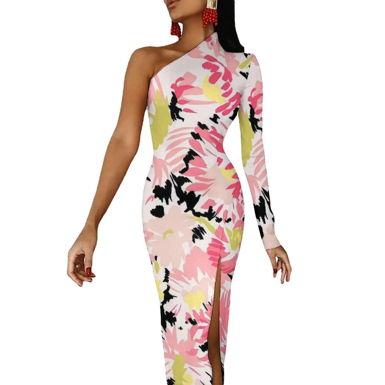 One-Shoulder Floral Print Bodycon Maxi Dress