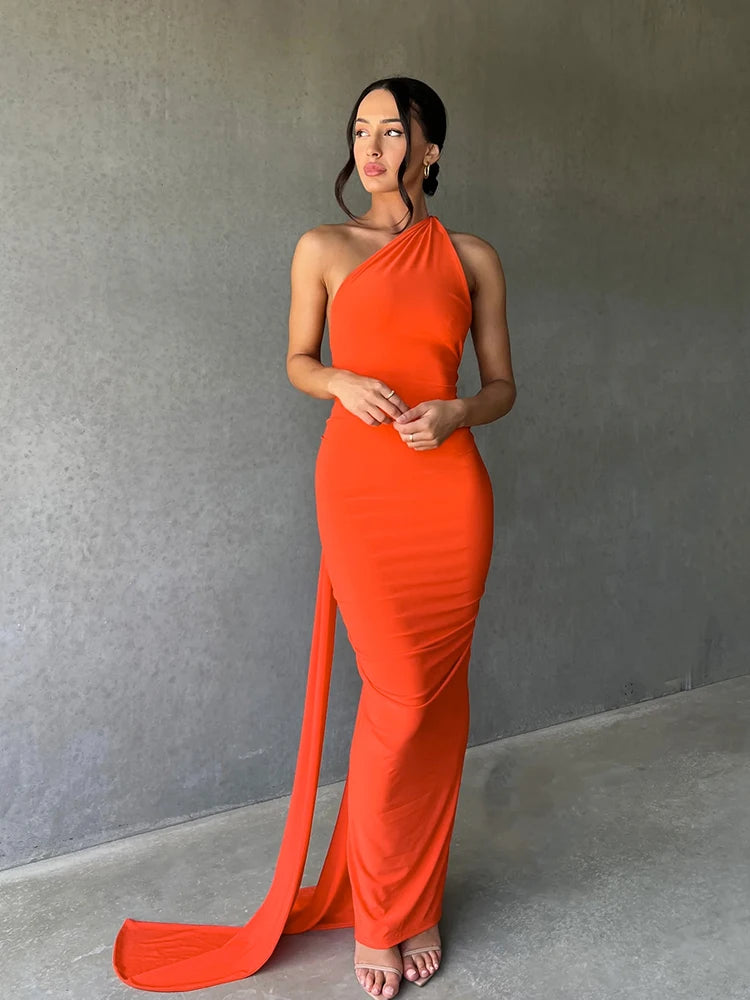 One-Shoulder Backless Ruched Maxi Dress