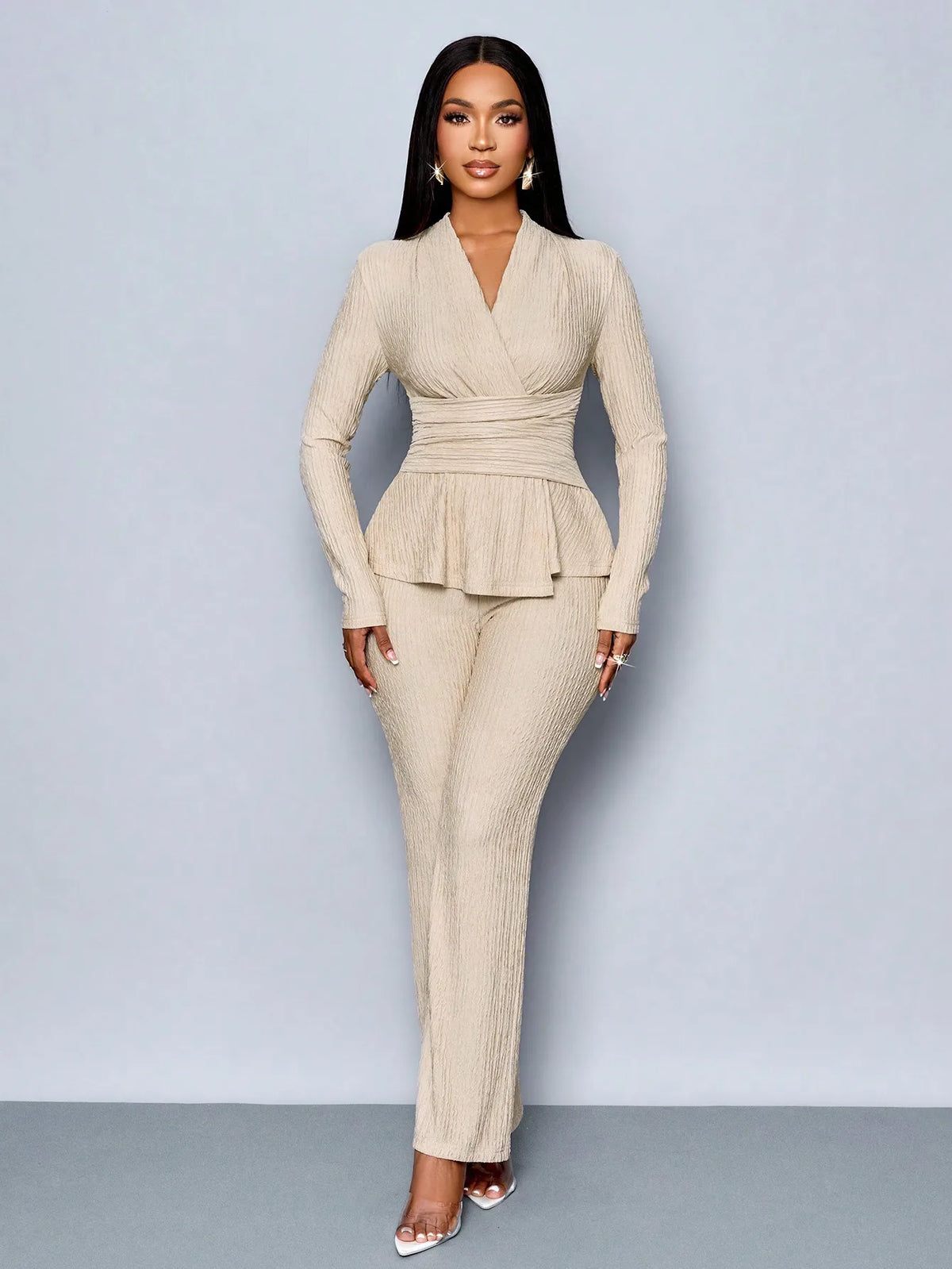 V-Neck Peplum Top & Wide Leg Pants Set – Beige