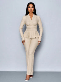 V-Neck Peplum Top & Wide Leg Pants Set – Beige