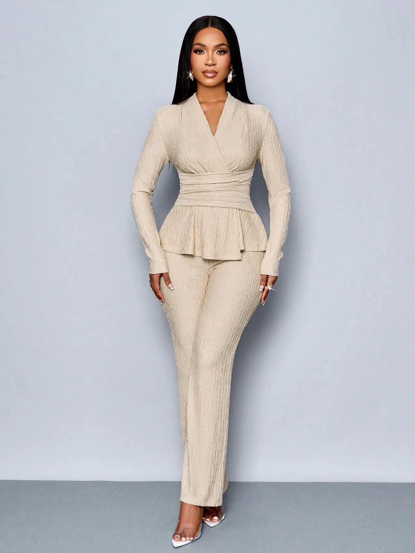V-Neck Peplum Top & Wide Leg Pants Set – Beige