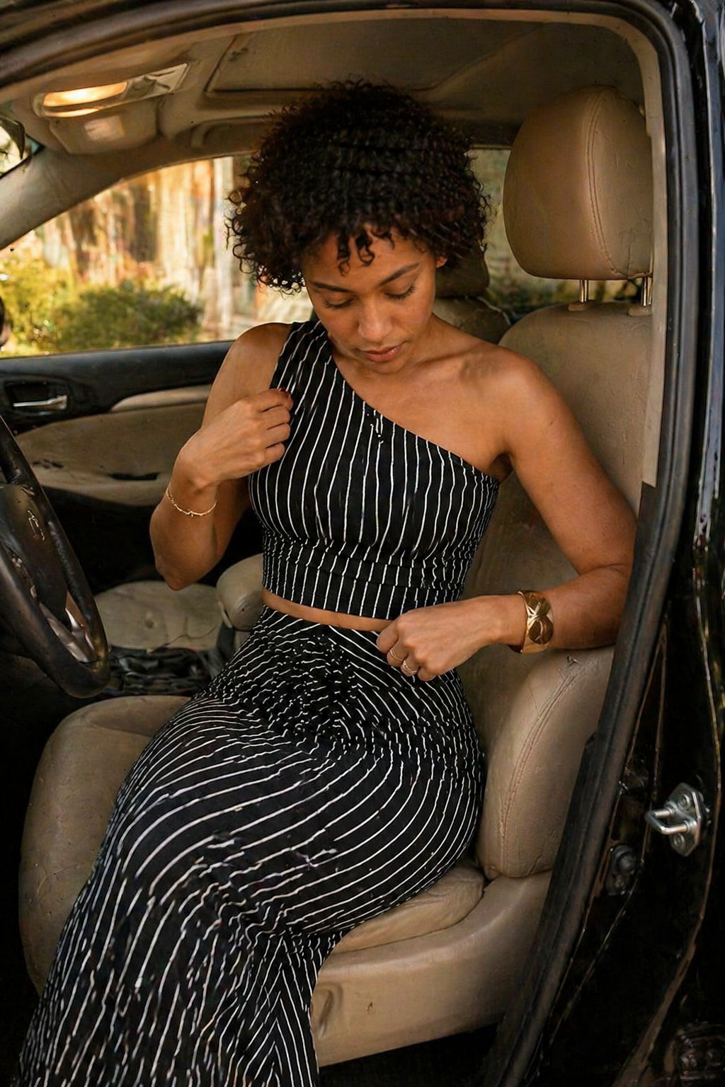 Striped One-Shoulder Top & Mermaid Skirt Set