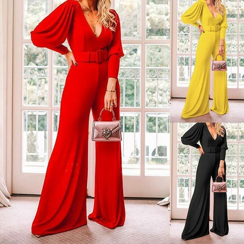 V-Neck Lantern Sleeve Waistband Jumpsuit