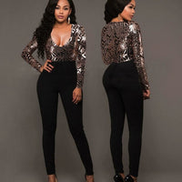 Sequin V-Neck Jumpsuit — Long Sleeve Romper